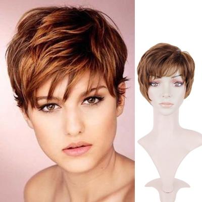 China High Quality Private Label Hair Brown Curl Pixie TKL Wigs Lead Synthetic Wigs High Quality Natural Loose Short Wig for sale