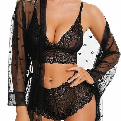 China 2023 New Women's Sexy Lingerie Sexy Apparel Set 3 Pieces Lace Kimono Robe with Sheer Bra and Panties Sleepwear for sale