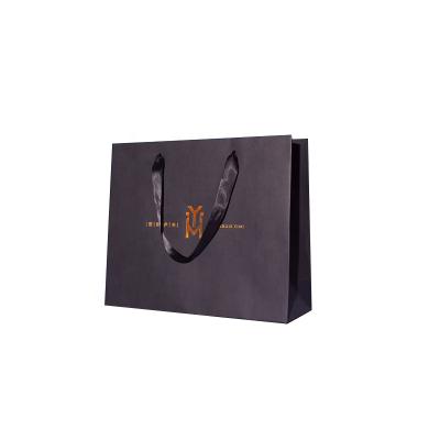 China Handmade Custom Copy Your Own Logo Black Paper Bag Boutique Gift Luxury Shopping Paper Bags With Ribbon Handle for sale