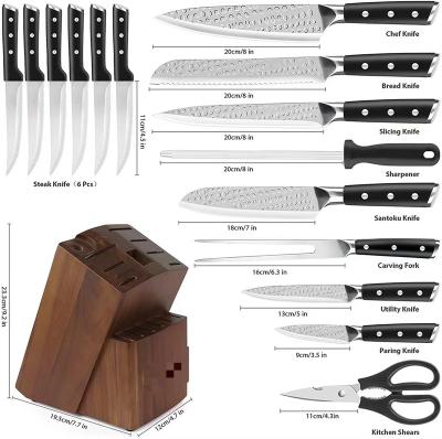 China Viable Most Popular 15 Piece Stainless Steel Sharpen Knife Bar Kitchen Dinnerware Set With Black Handle for sale