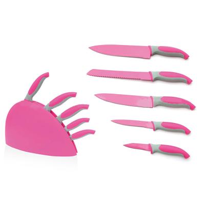 China Viable Hot Selling Amazon Pink Color Stainless Steel Steak Kitchen Chef Knives With Pink Plastic Handle for sale