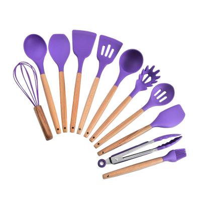 China Accept Viable Customize Logo Purple Silicone Pizza Spoon Kitchenware Set With Wooden Handle Utensils for sale