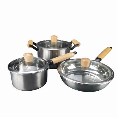 China 2021 hot sale high quality kitchenware pot viable 3 pieces stainless steel wooden handle cookware set for sale