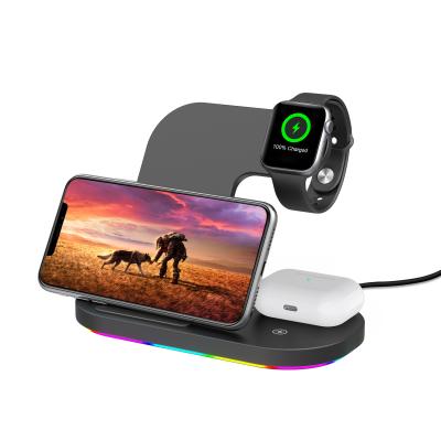 China Hot Sale 15W Amazon Phone Stand Fast Charger Led Running Light Indicator Phone Watch Earphone Charging Stand 3 in 1 Wireless Charger for sale