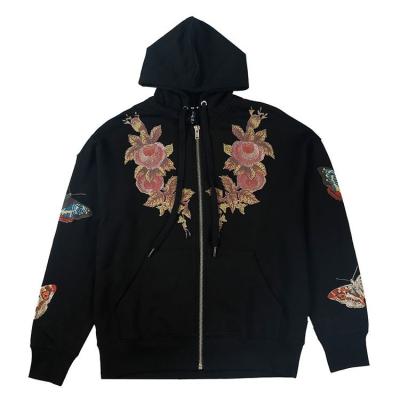 China Anti-wrinkle OEM vintage casual thick zip up hoodie black butterfly flower rhinestone hoodie jacket for women and men for sale