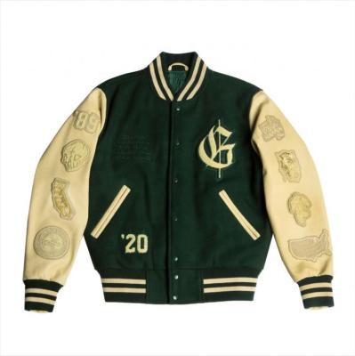 China OEM QUICK DRY 100%wool mens custom leather jackets embrocollaridered loose logo varsity letterman jacket with ribbed stripe for sale