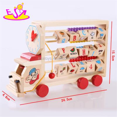 China Solid wood+multifunctional wooden environmental protection paint abacus alphabet toy truck,educational alphabet abacus toy car W12C008 for sale