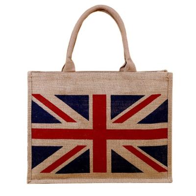 China Reusable Custom Printing Handled Logo Foldable Jute Canvas Shopping Tote Beach Bag Jute Storage Bag for sale