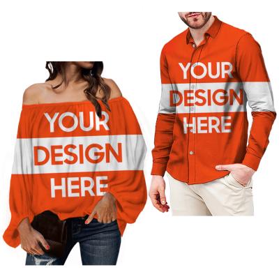 China Anti-pilling Customize Design/Name/Logo/Texts Women Blouse Plus Size Off Shoulder Shirts Long Sleeve Match Men Shirts Long Sleeve Couples Set for sale