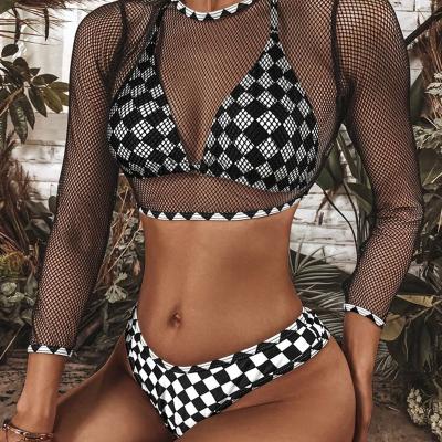 China Breathable In Current Hot Sales Checkerboard Printed Mesh Cover Up Mesh Halter Bikini Sexy Three Piece Swimwear For Women for sale