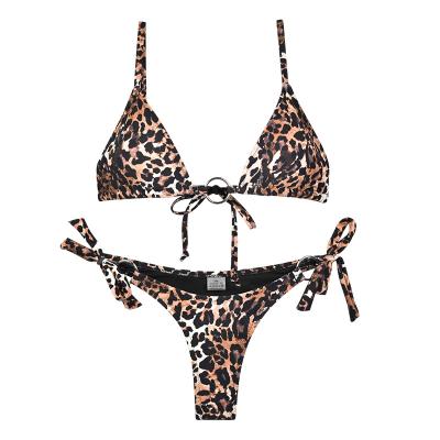 China QUICK DRY custom sexy 2 piece leopard print o-ring string bottoms side ties adjustable strap high cut bikini set for sale