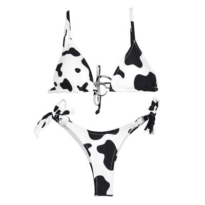 China Custom QUICK DRY Cow Print 2 Piece Bottom Side Ties O-Ring String Strap Adjustable Thin Swimsuit For Women for sale