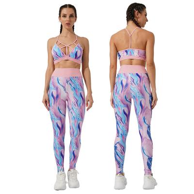 China Breathable 2022 New Custom Design Print Hollow Out Tummy Control Waist Stretch Fabrics Yoga Suit Top for sale