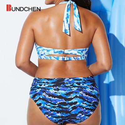 China Windproof Plus Size Swimsuits For Women Color Block Halter Neck Deep V Banded Tankini Swimsuits for sale