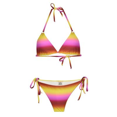 China QUICK DRY Custom 2 Piece Block Stitching Gradient Halter Neck Bottom Side Ties Women Bikini Set for sale