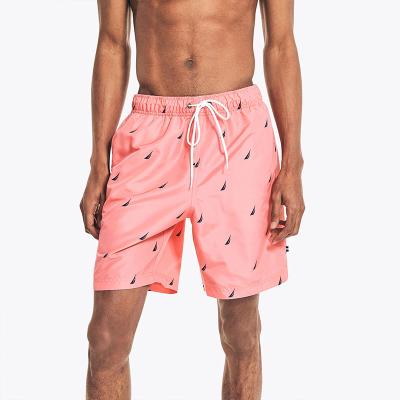 China Breathable Custom Print Side Seam Pockets 100% Polyester Elastic Men's Drawstring Waist Swim Trunks for sale