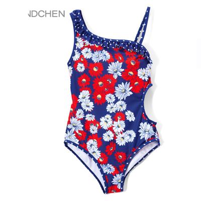 China Retro Floral Print Logo One Piece Swimsuit Custom Cavity Bikini Kids Custom Made Breathable Swimwear for sale