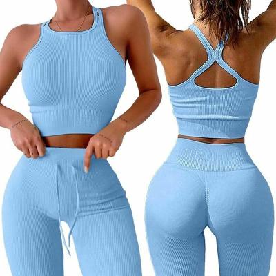 China 2022 New Solid Color Breathable Kontted High Waist Adjustable Straps Custom Tummy Control Three Piece Yoga Set For Woman for sale