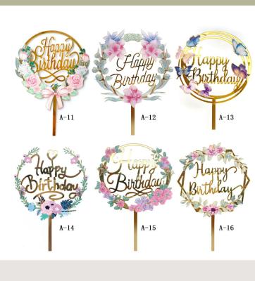 China High Quality Acrylic Party Decration 12cm Color Draw Flower Happy Birthday Cupcake Toppers Decoration For Birthday Wedding Party Supplies for sale