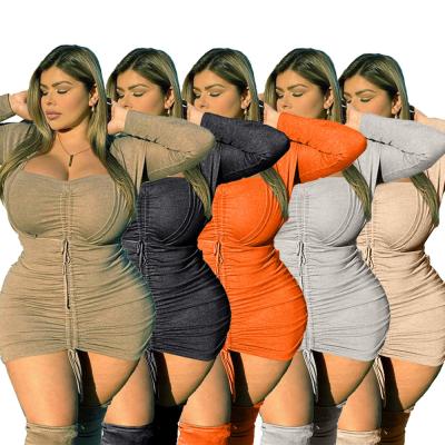 China Wholesale Breathable Women Plus Size Bodycon Dress Lace Up Casual Summer Dress Long Sleeve Autumn Women Dress for sale