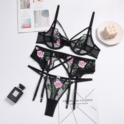 China Transparent Floral Embroidered Lace Underwear Temptation 3-Piece Female Sexy Underwear Set Female Sexy Underwear for sale