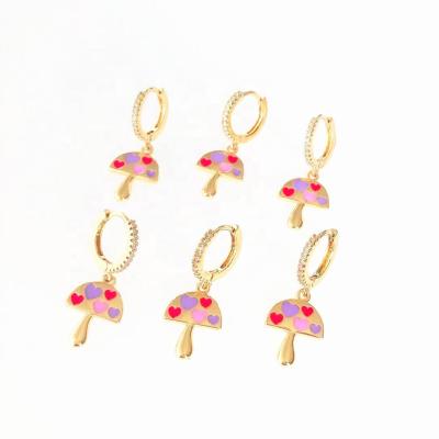 China YJ-CZE1410 Wholesale Copper Gold Plated Enamel Mushroom Charm Dangle Earrings Trendy Micro Pave CZ Jewelry Circle Earring for sale