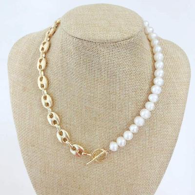 China YJ-FN39 Fashion TRENDY Copper Gold Plated Chain Splicing Jewelry Wholesale Unique Handmade Pearl Necklaces Freshwater Pearl Necklace for sale