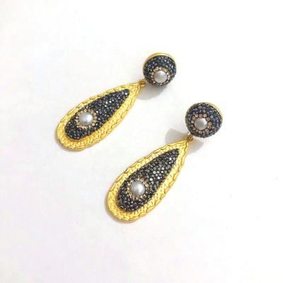 China Fashion YJ-RE944 Fashion Pearl Rhinestone Handmade Stud Earrings Gold Copper Metal Pave Charm Crystal Jewelry Teardrop Dangle Earring for sale