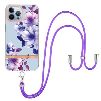 China Mobile Phone Accessories Lanyard Cell Phone Case IMD Flower Phone Shockproof Cover For Iphone 13 pro 13 max Mini With Strap for sale