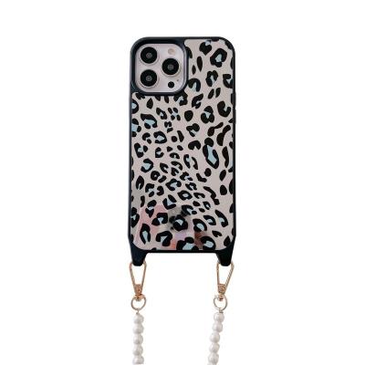 China Customized Shockproof Leopard Grain Pearl Lanyard Phone Case For iphone 13 xs max xr 11 pro new 12 max case for iphone 11 for sale