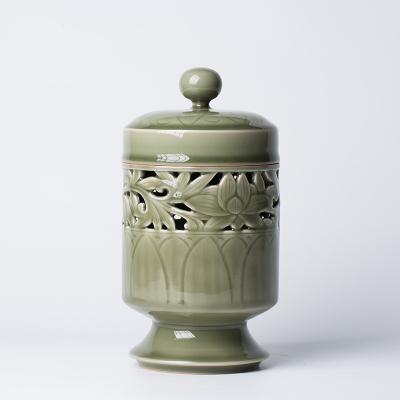 China Handmade Illustration Ramadan Incense Burner Buddhist Solemn Elegant Longquan Chinese Celadon Incense Burner for sale