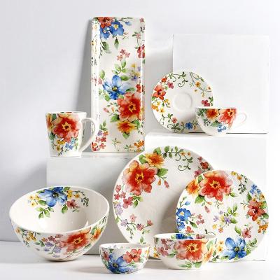 China Watercolor Pattern Microwavable Floral Texture Viable Breakfast Cloth Ceramic Tableware Set for sale