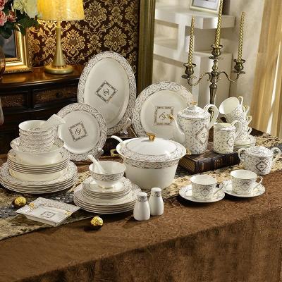 China Sustainable 58 Pcs Decal Bone China Dinner Set Luxury Fine Kitchen Utensils Ceramic Dinnerware Set for sale