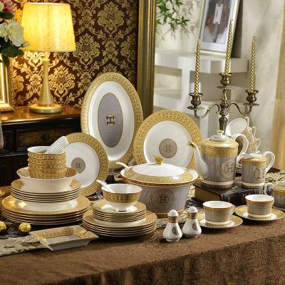 China Wholesale Sustainable Luxury Golden Mosaic Bone China Dinnerware 58 Pcs Royal Western Ceramic Dinnerware Set for sale