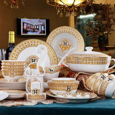 China Best Viable Sell Jingdezhen 60 Pieces Western Style Bone China Mosaic Tableware Gold Set for sale