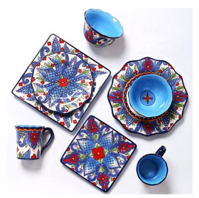 China Sustainable Household Hand Painted Large Steak Ruffled Platter Square Plate Set for sale