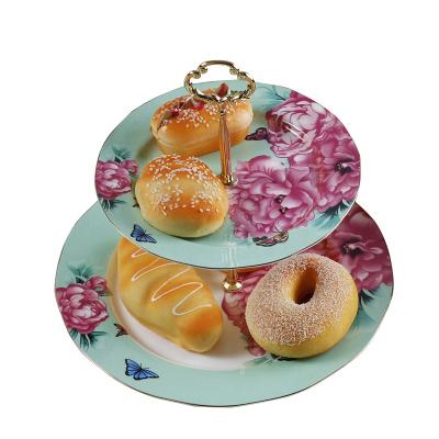 China Viable Royal Style Snack Plates 2 Tier Bone China Ceramic Cake Dish Set Porcelain Dessert Dishes for sale