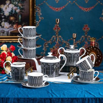 China New Designs Viable Luxury Black Stripes Ceramic Coffee Tea Mug Deco Set Fine Bone China Coffee Set for sale