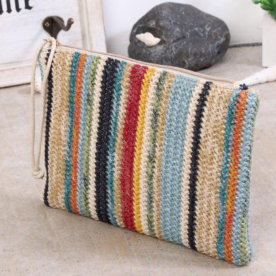 China New Wholesale Woven Striped Natural Wriset Straw Beach Purses Women Bags Colorful 2021 Summer Clutch Bag for sale