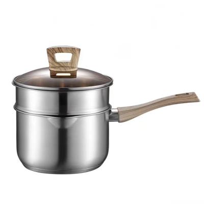 China Stainless Steel Simple Milk Pot Kitchenware Milk Boiling Pot With Wooden Handle for sale