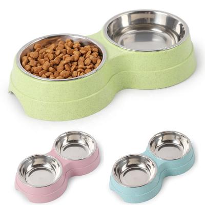 China Sustainable Pet Double Bowls Dog Food Water Feeder Stainless Steel Pet Dish Drinking Feeder Cat Puppy Feeding Double Bowl for sale