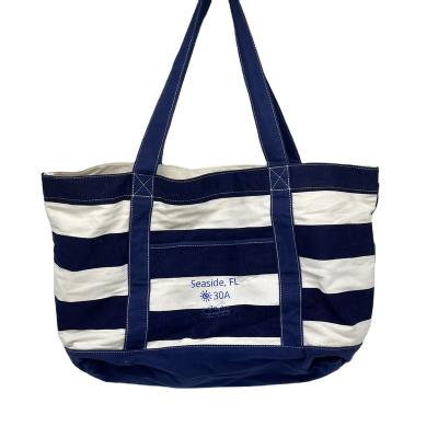 China Custom Logo Cotton Shopping Bag Canvas Navy Blue Rope Handle Beach Shoulder Bag For Travel With Handle For Women Men for sale