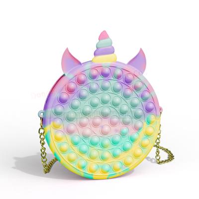 China New Portable Rainbow Silicone Bubbles Jumping Unicorn Bag Pop It Purse Kids Unicorn Wiggle Noise Big It Pinch Shoulder Handbag For Girls for sale