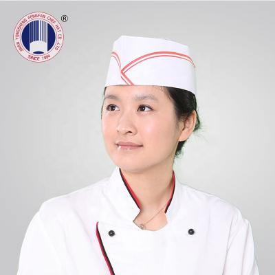 China Comfortable Disposable Fodder Hat Paper Chef Hat With Red Stripe 1000 Pcs Each Carton for sale