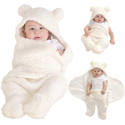 China Anti-Static Soft Plush Newborn Girls Boys Neutral Plush Sleeping Bag Envelope Baby Hood Blanket Wraps for sale