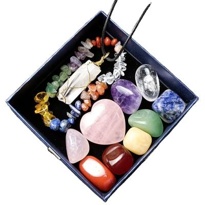 China 100% Natural Healing Chakela Crystal Gem Chakra Pendant Bracelet Combination Set Agate Jade Colorful Jewelry Gift Box for sale