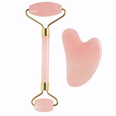 China Face Massager Rose Quartz Crystal Stone Massager Gua Sha Set Face Massager Facial Rodillo De Jade Roller With Box for sale