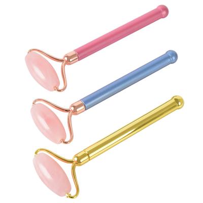 China Face Massager Free Loud Acrylic Handle Inlaid With Flowers Rose Quartz Jade Roller Natural Pink Jade Massage Roller For Face for sale