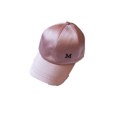 China COMMON Women Spring Metal Hat Youth Girl M Logo Faux Silk Fabric Summer Fashion Baseball Hip Hop Fitted Hats for sale