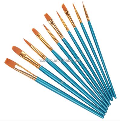 China Watetcolor Bristle Hair Brush Artist Paint Brush 10PCS Handle Acrylic Paint Set High Quality Blue Wood Oil Painting Pen for sale